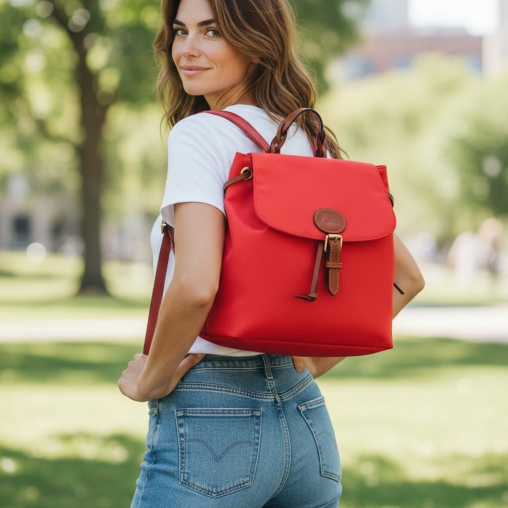 Dooney & Burke Red Canvas Backpack with leather straps and details